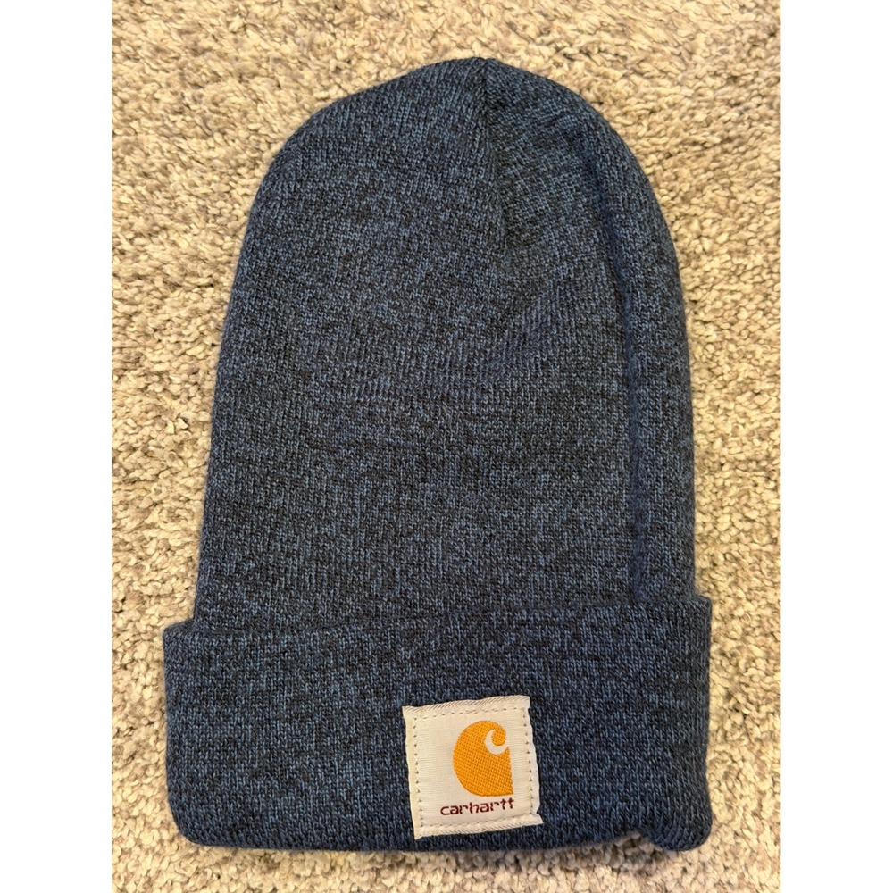 Carhartt‎ Beanie Mens OS Navy Blue A18 Acrylic Watch Hat Heather Knit Logo Patch